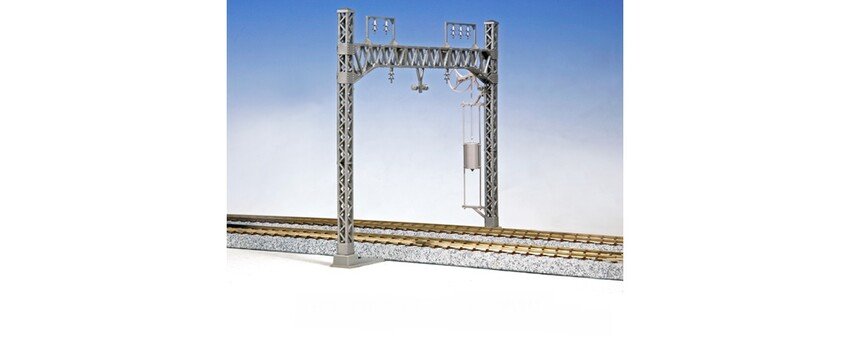 Bahnstrommast für 2 Gleise mit Gittermast und Quertragwerk, 6 Stück